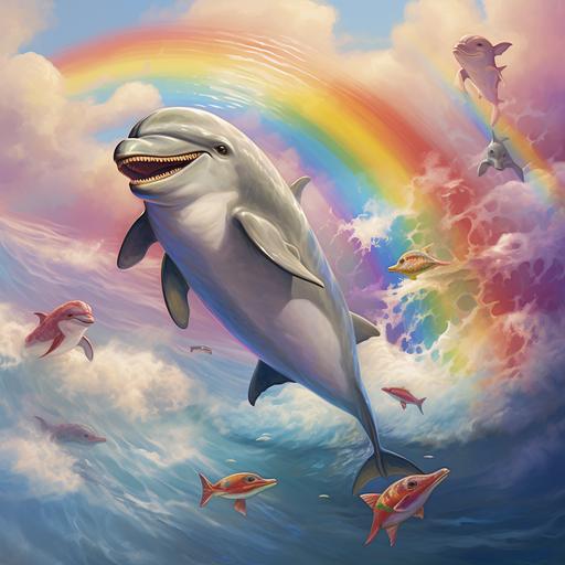 smiling dolphin bihind the cloudse and rainbow with other doplphins