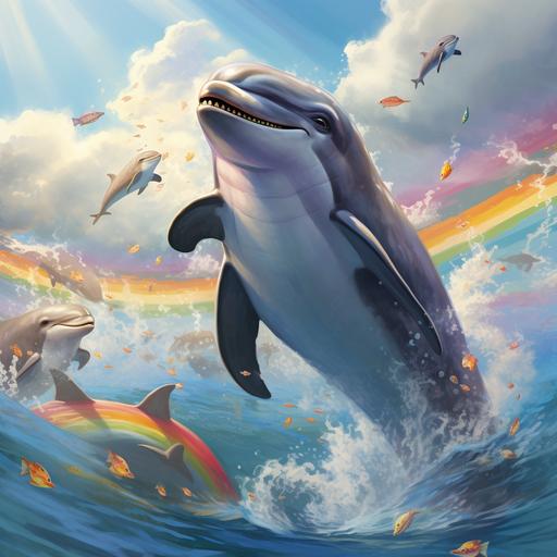 smiling dolphin bihind the cloudse and rainbow with other doplphins