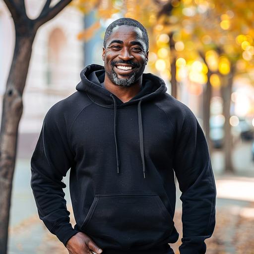 smiling handsome mid 40 yrs old african american man with muscles wearing black hoddie Heavy Blend hoodie - Model Mockup - - outside background high-quality images 85mm Nikon D850 DSLR 8k