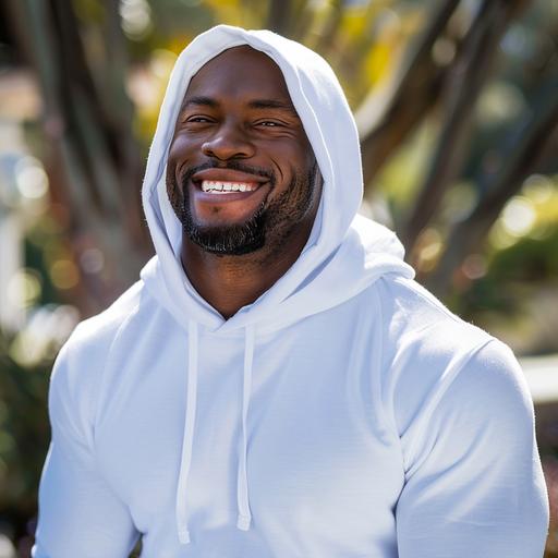 smiling handsome mid 40 yrs old african american man with muscles wearing white hoddie Heavy Blend hoodie - Model Mockup - - outside background high-quality images 85mm Nikon D850 DSLR 8k