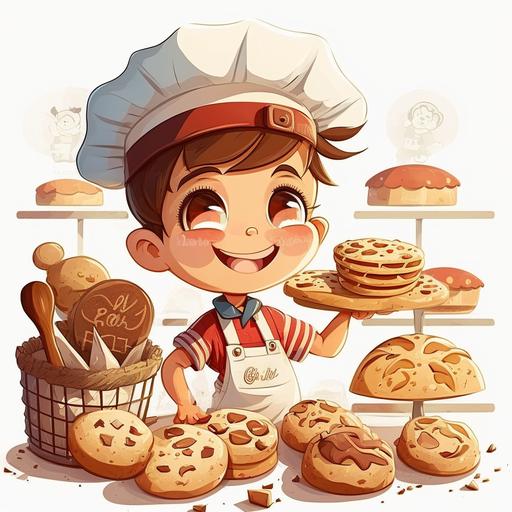 smiling kid, bakery, cartoon, illustration, modern, white background --v 4