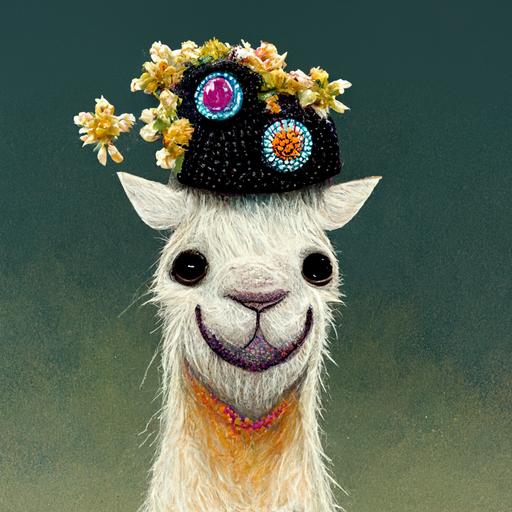 smiling llama wearing a flowery hat and wearing lots of jewelry