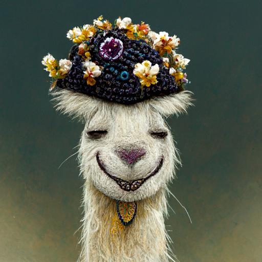 smiling llama wearing a flowery hat and wearing lots of jewelry