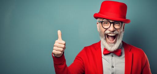 smiling man with red hat and cardboard box yelling out thumbs up, --ar 78:37