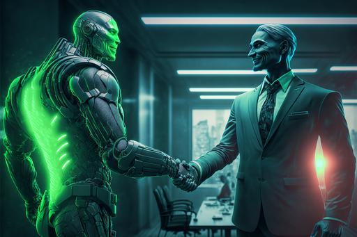 smiling neon green cyborg wearing suite, shaking hands with business man wearing suite, background futuristic meeting room, zbrush --ar 3:2 --q 2 --v 4