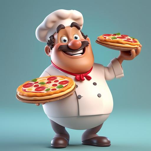 smiling pizza chef who is taking a pizza out of the oven cartoon 3d --s 750