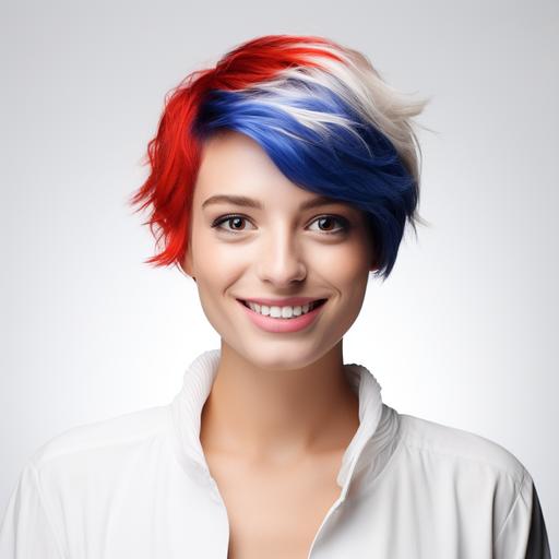 smiling short hair woman in white background, hair dye in french flag colour