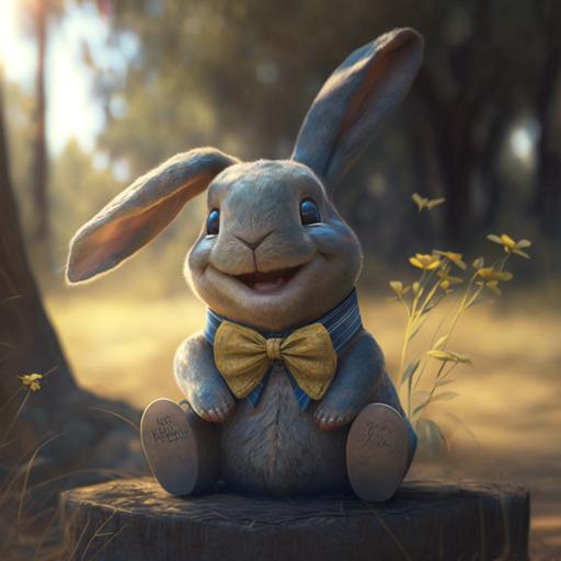 smiling stuffed rabbit sitting on its hind legs, with a blue vest and a yellow bow tie realistic, cartoon comic, art by , viktoria gavrilenko Simon Stalenhag, in the style of , Pixar, sunlight, Octane trending on artstation highly detailed hyper realistic very detailed fine details