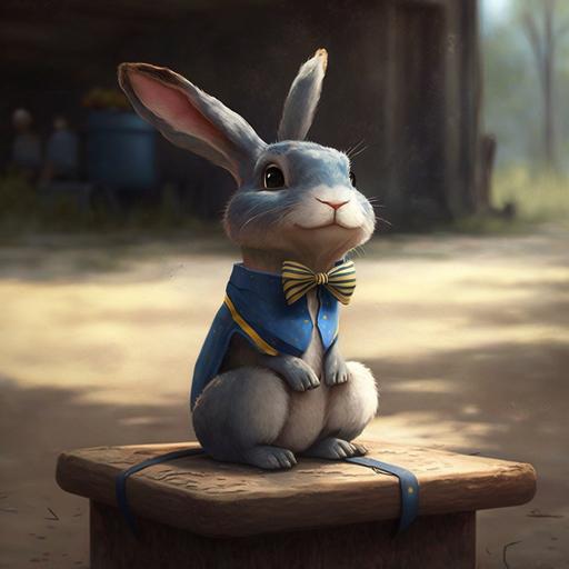 smiling stuffed rabbit sitting on its hind legs, with a blue vest and a yellow bow tie realistic, cartoon comic, art by , viktoria gavrilenko Simon Stalenhag, in the style of , Pixar, sunlight, Octane trending on artstation highly detailed hyper realistic very detailed fine details