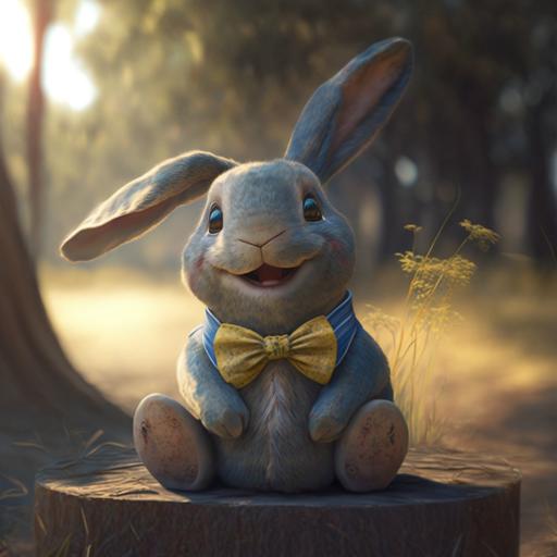 smiling stuffed rabbit sitting on its hind legs, with a blue vest and a yellow bow tie realistic, cartoon comic, art by , viktoria gavrilenko Simon Stalenhag, in the style of , Pixar, sunlight, Octane trending on artstation highly detailed hyper realistic very detailed fine details