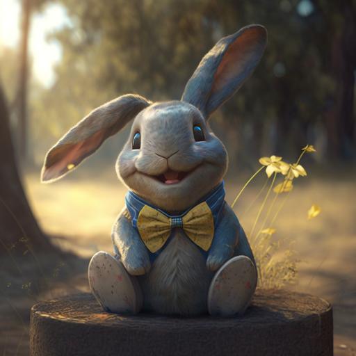 smiling stuffed rabbit sitting on its hind legs, with a blue vest and a yellow bow tie realistic, cartoon comic, art by , viktoria gavrilenko Simon Stalenhag, in the style of , Pixar, sunlight, Octane trending on artstation highly detailed hyper realistic very detailed fine details