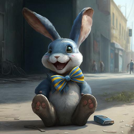 smiling stuffed rabbit sitting on its hind legs, with a blue vest and a yellow bow tie realistic, cartoon comic, art by , viktoria gavrilenko Simon Stalenhag, in the style of , Pixar, sunlight, Octane trending on artstation highly detailed hyper realistic very detailed fine details