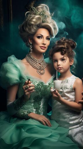 smoke and mirrors, a beautiful 40yo Western lady and her cute 7yo daughter. family vibe.intricate cosplay attire and accessories.vibrant color of Pearl white and jade green.waist-above shot, professional photography::1 backhead::-0.2 profile::-0.1 --ar 9:16 --style raw --v 5.2