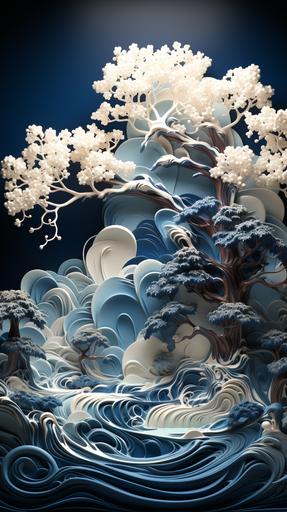 smoke and mirrors, a giant paper milk tea cup surrounded by 3D Chinese blue and white porcelain style ocean waves, surreal 3D landscape style, miniature landscape, Millk white transparent water, Chinese landscape resin sheet, Chinese Song Dynasty landscape painting, light white and light blue main colors, surreal ism dream style, creamy organic fluid, light traced ambient occlusion, hazy, natural light, lime tones, gel resin sheet, cad, oc render --ar 9:16 --stylize 750 --v 5.2