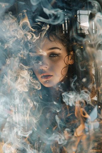 smoke plumes, double exposure quantum entanglement, gothic fairy princess in a glass case, trapt invisible --ar 2:3 --v 6.0