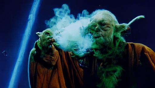screen capture from “Star Wars episode iii Revenge of the sith” of Yoda in Jedi robes holding a lit marijuana blunt and blowing smoke rings from his mouth, wisps of smoke in the air, high contrast, Kodachrome, panavision, 35mm film, grainy, —ar 16:9