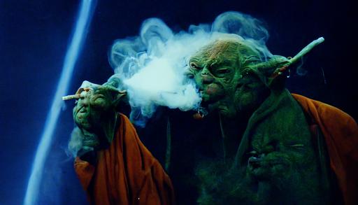 screen capture from “Star Wars episode iii Revenge of the sith” of Yoda in Jedi robes holding a lit marijuana blunt and blowing smoke rings from his mouth, wisps of smoke in the air, high contrast, Kodachrome, panavision, 35mm film, grainy, —ar 16:9