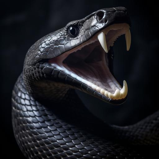 snake black mamba, mouth open, only long upper teeth, color grey on background black rock, ar 16:9, high quality, v 5.1