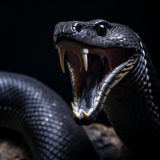 snake black mamba, mouth open, only long upper teeth, color grey on background black rock, ar 4:3, high quality, v 5.1