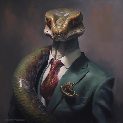 snake in a suit, snake head, oil painting, mafia, cool, pimp --v 5.1