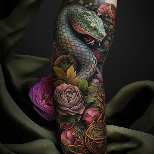 snake, peony, surrealist design tattoo sleeve