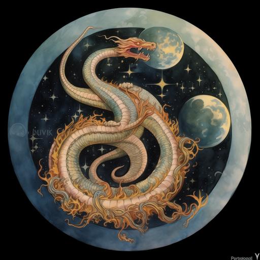 snake, snake spiraling upward, snake spiraling upward, coming upward, moon on top, snake dragon eating moon, cosmic style --v 5.1