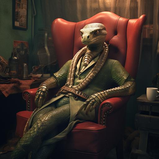 snake wearing clothes sitting in a chair in an eclectic room