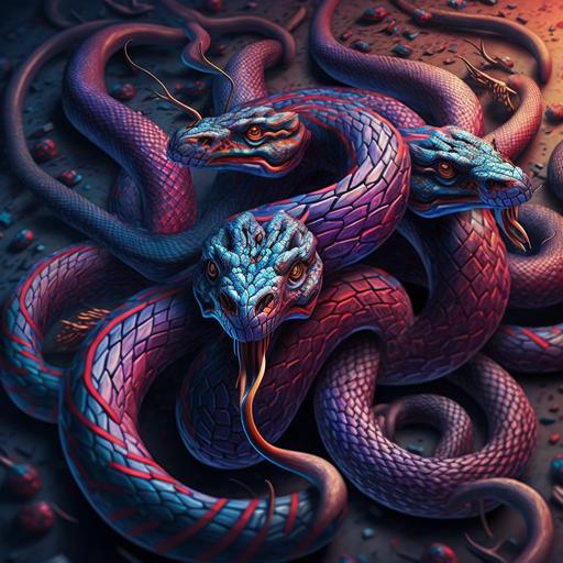 snake with 7 heads, hydra, mythology, 4k resolution, ancient , desktop background red blue purple dynamic --v 4