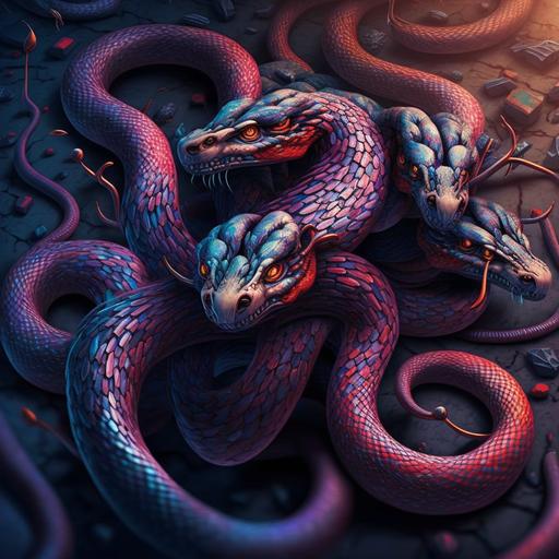 snake with 7 heads, hydra, mythology, 4k resolution, ancient , desktop background red blue purple dynamic --v 4