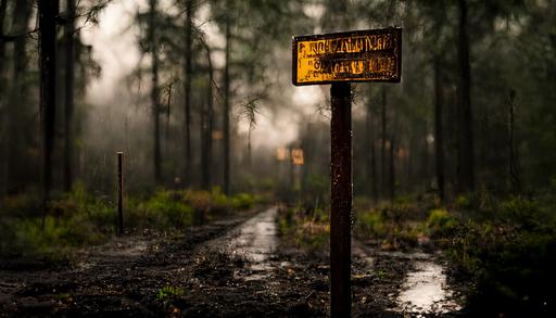 blank old wooden road sign in a forest, dark, cinematic lighting, ultra 4k, hyper realistic, photo, photo realism, rain swept, neill blomkamp, moody, mist, --ar 16:9