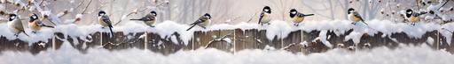 sneaky little chickadees sit on a snowy fence rail. use high-contrast colors --ar 7:1