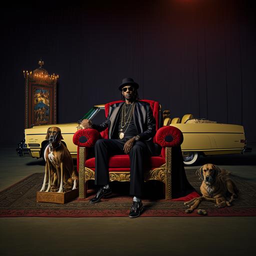 snoop Dogg sitting on a golden throne chair right in the middle of Long Beach California, with a lit blunt in his right hand and a triplet of dogs on a leash held by his right hand. He is flanked by two 1974 Cadillac Deville Lowriders, with black and redbone Instagram models posing either side   cinematic lighting, dramatic angle, professional photography, Nikon Sony canon digital photo, very detailed, sharp definition, hd 4k resolution --no text, watermark, weird face --q 2 --v 4