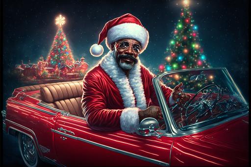 snoop dogg as santa claus, driving a drop top convertible '88 cutlass lowrider candy paint red, christmas, weed, weed smoke, snow, palm trees, christmas tree, christmas lights, low light, dim light, beautifully lit, highly detailed, digital art, 4k --s 1000 --ar 3:2 --v 4