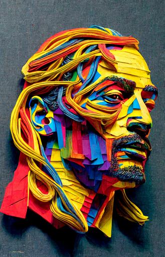 snoop dogg made from red, yellow and blue shoe laces, layered, collage, bright colors, hand made, --s 1000 --ar 2:3 --q 5 --s 20000 --upbeta --v 4