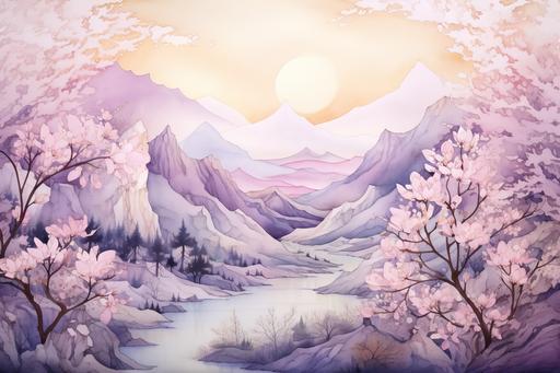 snow capped lavender mountains at dawn, violent, misty fields, mysterious forest, unicorn, stylized line art, fantasy, water colour, golds --ar 6:4