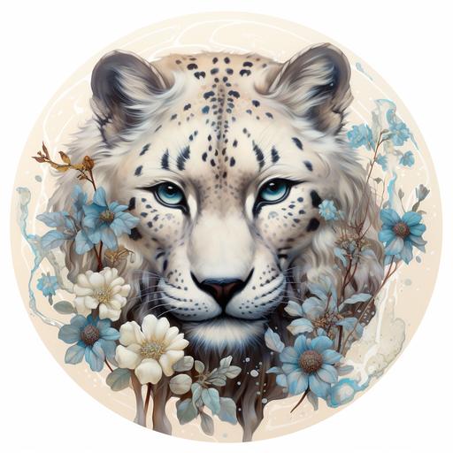 snow leopard with flowers and blue eyes, in the style of joachim wtewael, light beige and dark aquamarine, carlos schwabe, nature-inspired pieces, circular shapes, magali villeneuve, tinkercore, on white backdrop