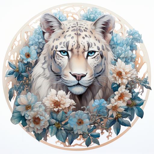 snow leopard with flowers and blue eyes, in the style of joachim wtewael, light beige and dark aquamarine, carlos schwabe, nature-inspired pieces, circular shapes, magali villeneuve, tinkercore, on white backdrop