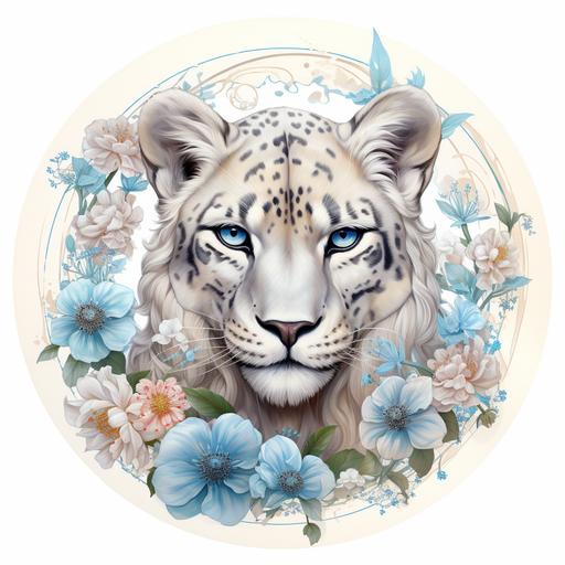 snow leopard with flowers and blue eyes, in the style of joachim wtewael, light beige and dark aquamarine, carlos schwabe, nature-inspired pieces, circular shapes, magali villeneuve, tinkercore, on white backdrop, watercolor illustration