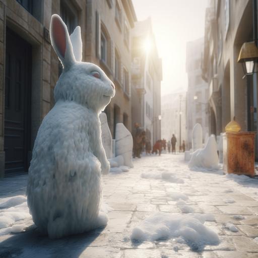snow white bunny frozen solid in a block of ice on a busy road in a medieval street in a metropolitan medieval city, 4k, 16:9, fantasy art style --v 5