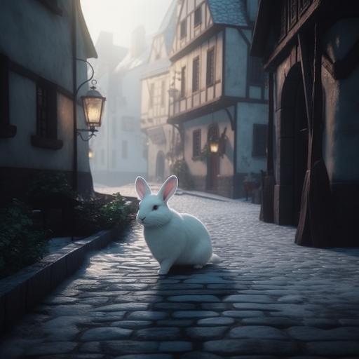 snow white bunny on a busy road in a medieval street in a metropolitan medieval city, 4k, 16:9, fantasy art style --v 5