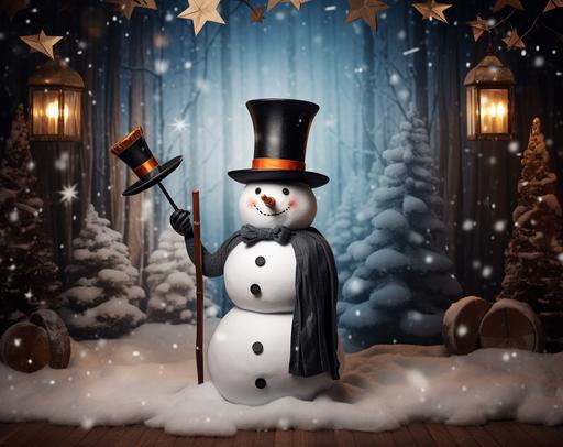 snowman in top hat with umbrella, in the style of vibrant stage backdrops, wood, xmaspunk, stereoscopic photography, detailed backgrounds, icepunk, felt creations --ar 39:31