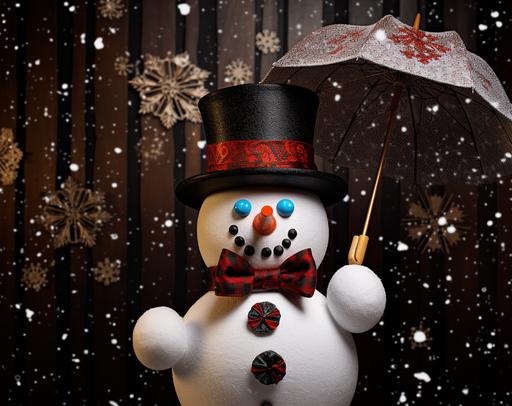 snowman in top hat with umbrella, in the style of vibrant stage backdrops, wood, xmaspunk, stereoscopic photography, detailed backgrounds, icepunk, felt creations --ar 39:31