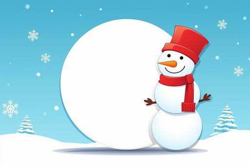 snowman with white place for note in shape of blank paper plate with snowflakes, in the style of simple, colorful illustrations, atey ghailan, animated gifs, ferrania p30, vibrant stage backdrops, flat shading, cute cartoonish designs --ar 3:2