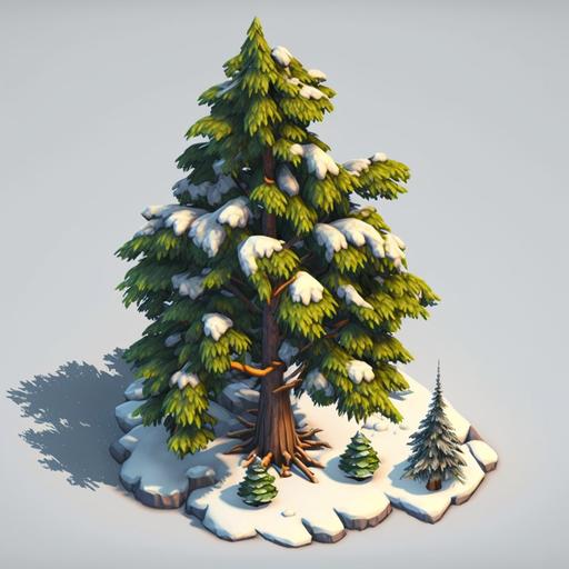 snowy cartoon pine tree for MMORPG, 3D, birds eye view, orthographic