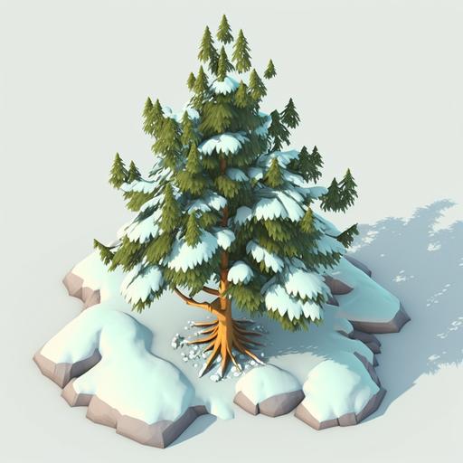 snowy cartoon pine tree for MMORPG, 3D, birds eye view, orthographic