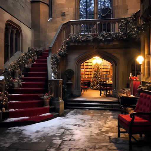 snowy catle hall during CHristmas Eve with lots of books, stone stairs, stone walls, red carpet on a floor