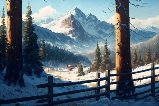 snowy mountains, view from the trail fence, pines, anime, cinematic view --v 4 --ar 3:2