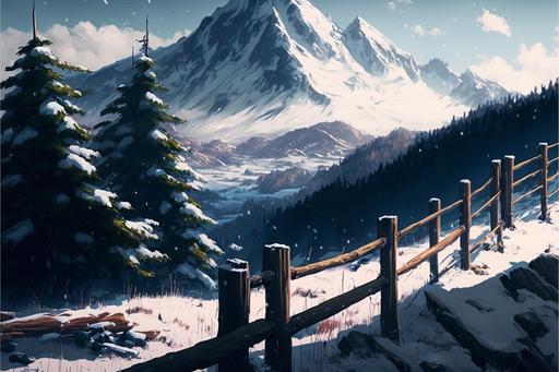 snowy mountains, view from the trail fence, pines, anime, cinematic view --v 4 --ar 3:2