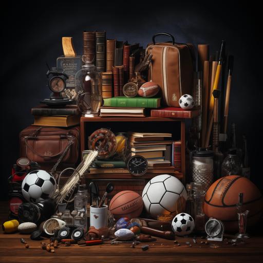 soccer ball, rugby ball, tennis equipment, backpack, canvas, brushes, camping equipment, books, microscope, chemistry equipment, statue --s 250