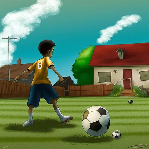 soccer boy cartoon practicing, soccer ball, in back yard